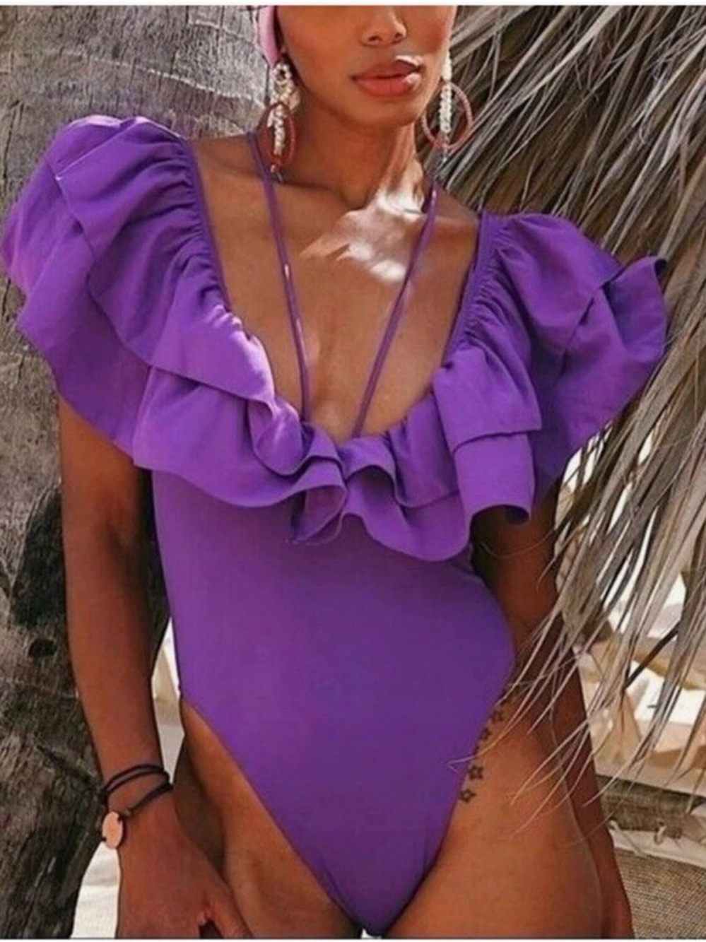 Zara Purple Ruffle V-Neck One-Piece swim/Bodysuit
